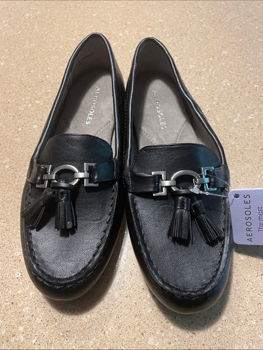 AEROSOLES Deanna Black Leather Tassel Bit Loafers